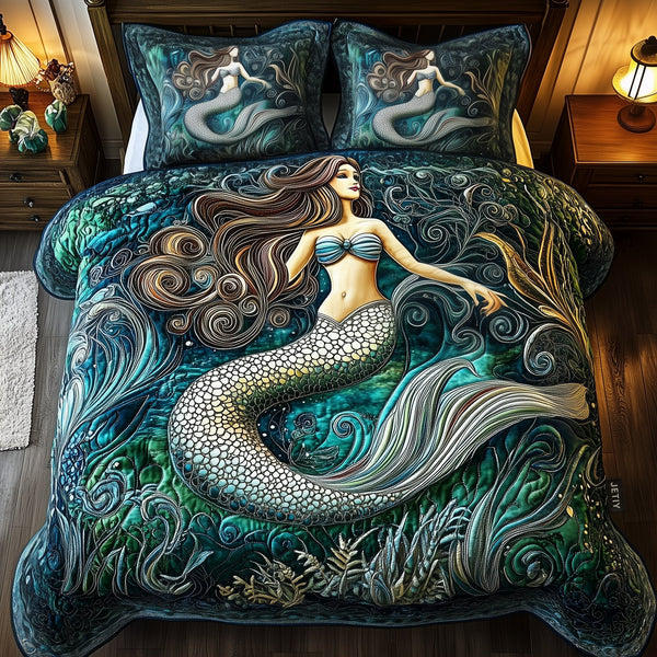 Elegant Mermaid 3-Piece Quilted Bedding Set - Design 1 — quilt and two matching pillow shams