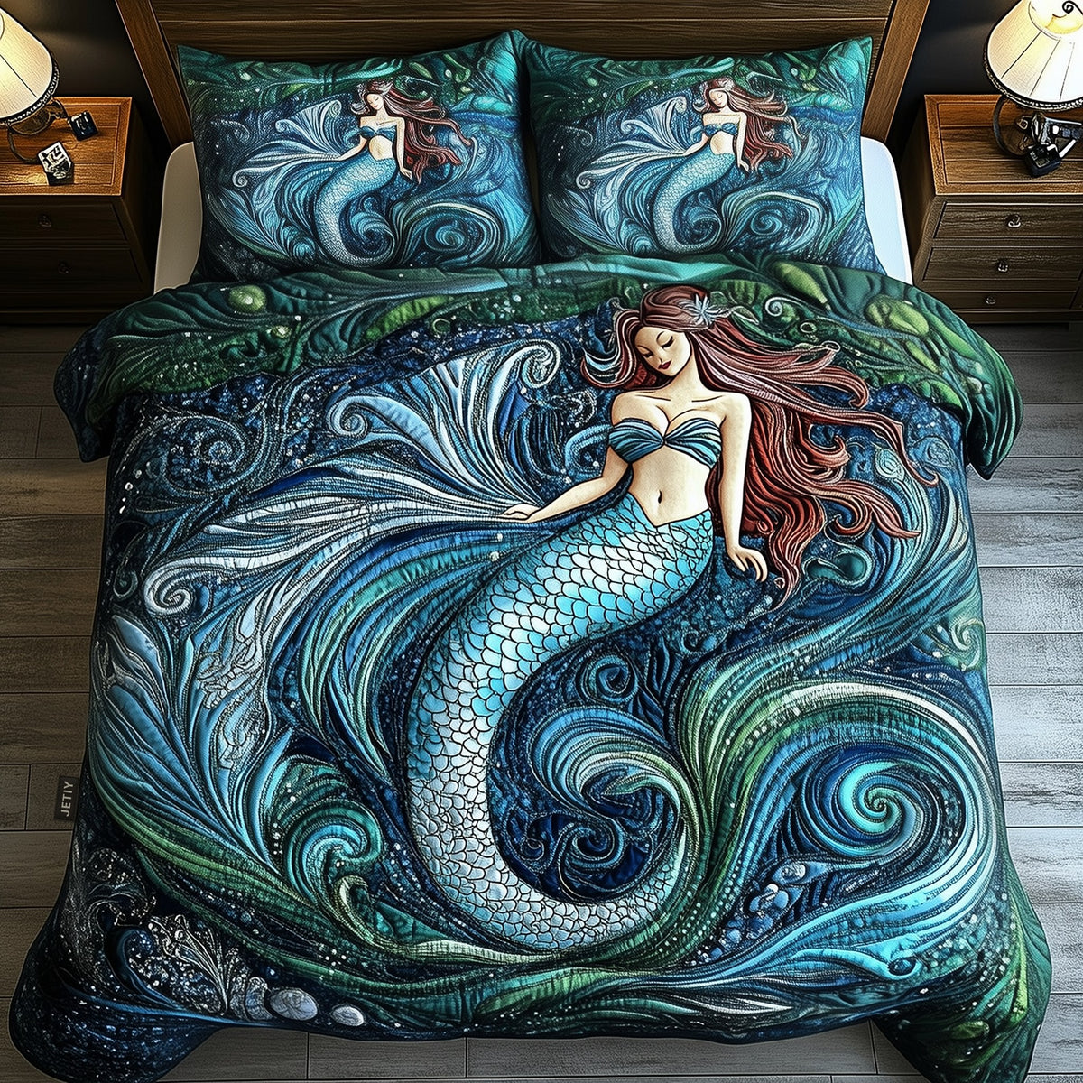 Elegant Mermaid 3-Piece Quilted Bedding Set - Design 2 — quilt and two matching pillow shams