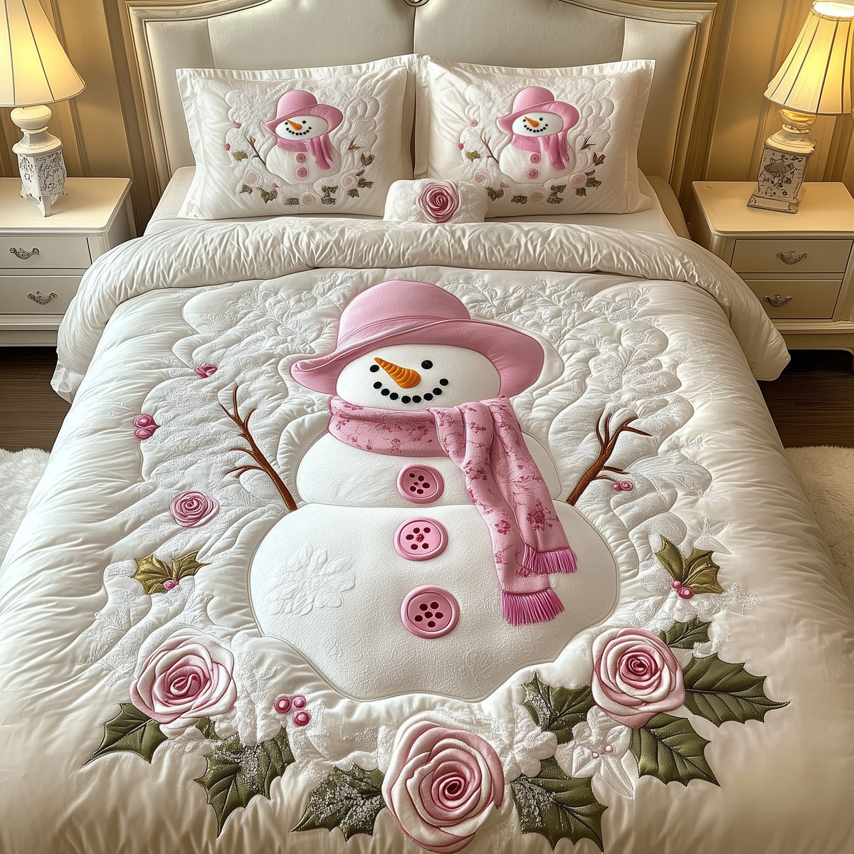 Elegant Winter Snowman 3-Piece Quilted Bedding Set - Design 3 — quilt and two matching pillow shams