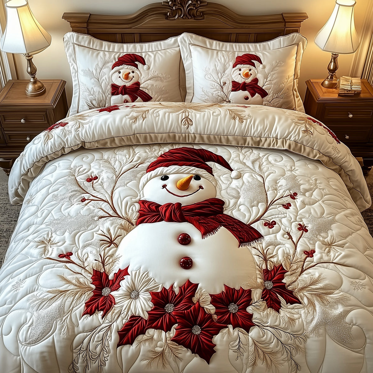 Elegant Winter Snowman 3-Piece Quilted Bedding Set - Design 7 — quilt and two matching pillow shams