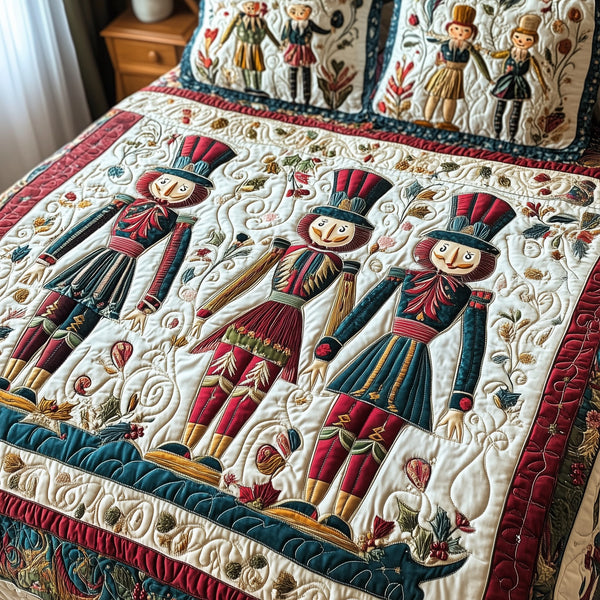 Christmas Nutcracker quilted 3-piece bedding set on a made bed in a winter-styled bedroom