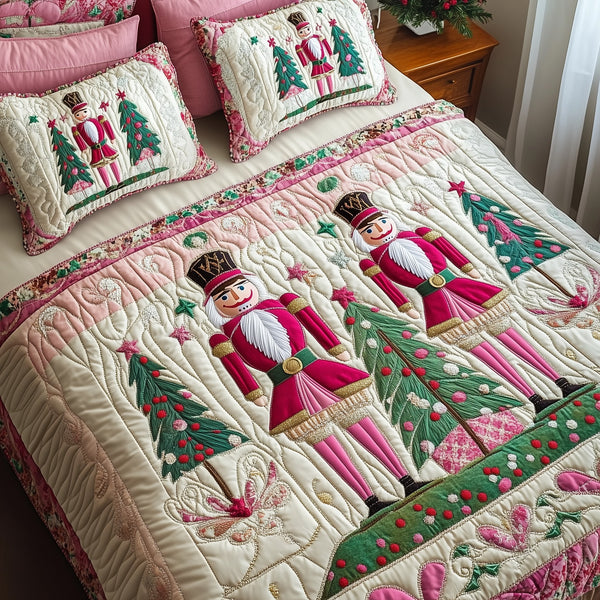 Christmas Nutcracker quilted 3-piece bedding set on a made bed in a winter-styled bedroom