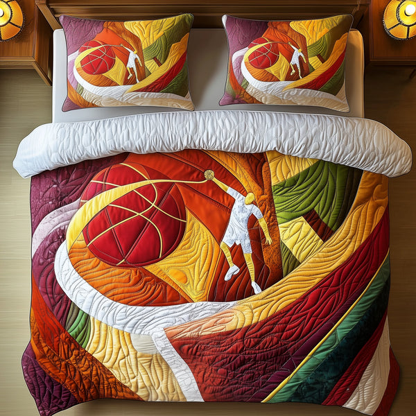 Basketball quilted 3-piece bedding set on a made bed with two matching pillow shams