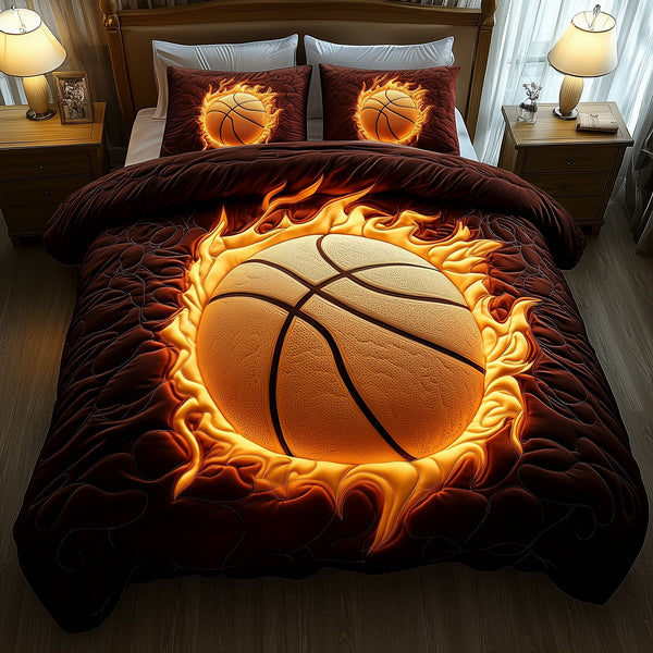 Basketball quilted 3-piece bedding set on a made bed with two matching pillow shams