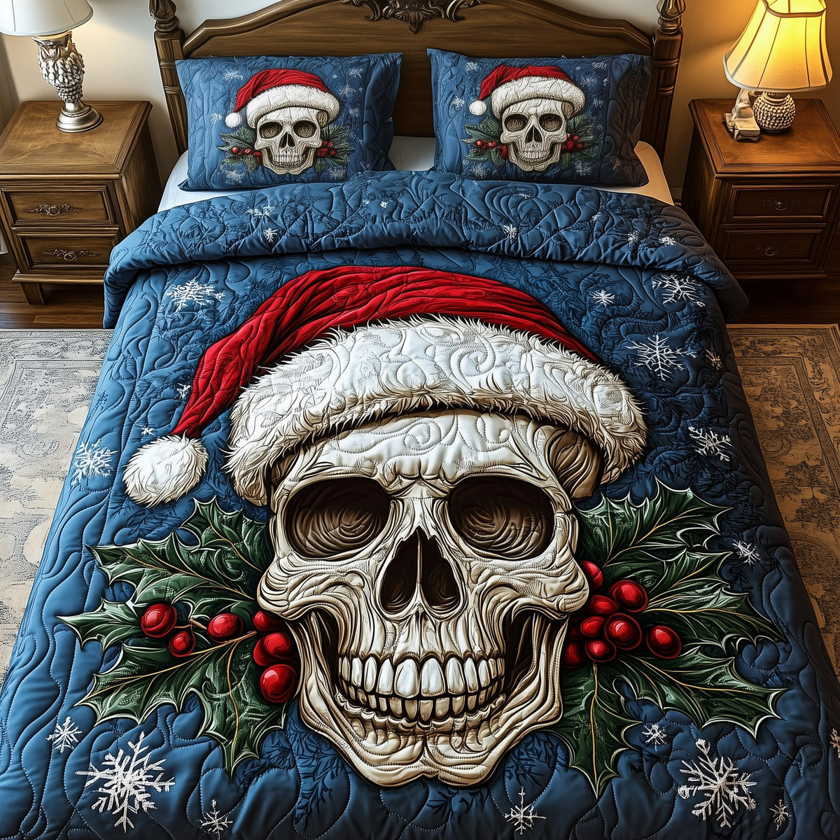 Christmas Skull 3-Piece Quilted Bedding Set — quilt and two matching pillow shams