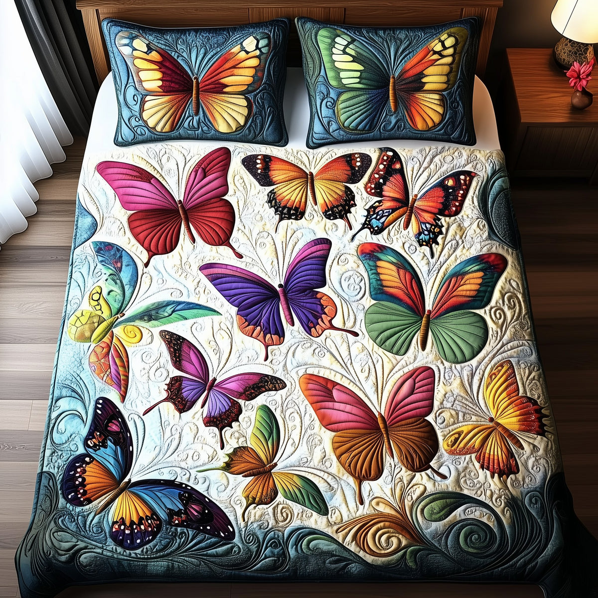 Butterfly 3-Piece Quilted Bedding Set - Design 2 — quilt and two matching pillow shams