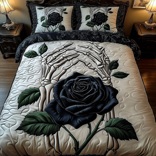 Charming Black Rose For U quilted 3-piece bedding set on a made bed with two matching pillow shams