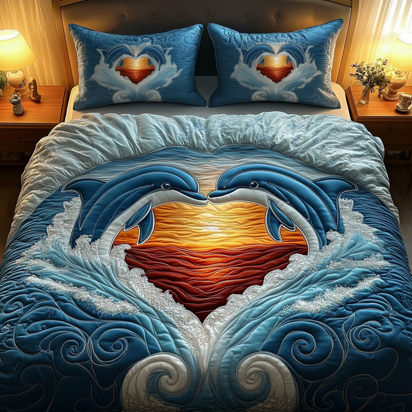 Dolphin Couple 3-Piece Quilted Bedding Set — quilt and two matching pillow shams