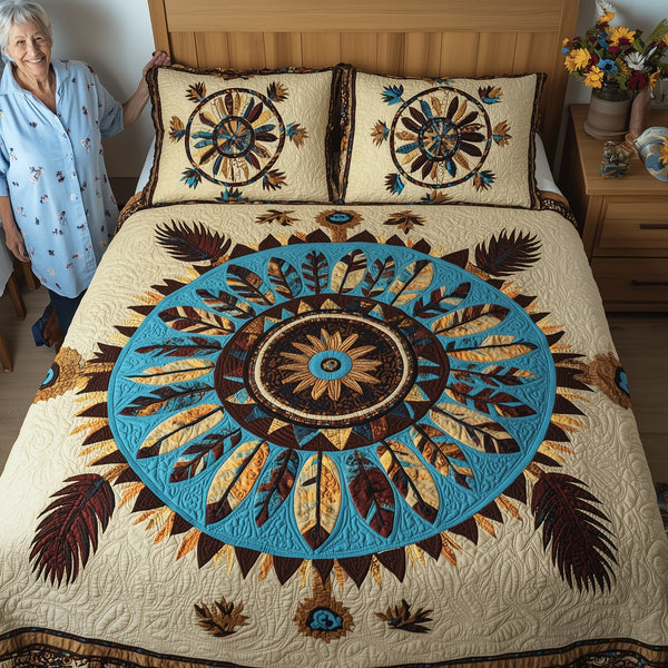 Ancient Dreamcatcher quilted 3-piece bedding set on a made bed with two matching pillow shams