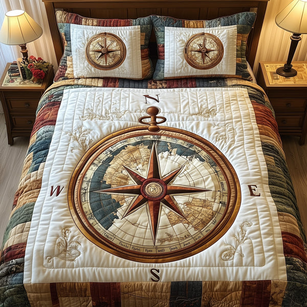 Compass of Secrets 3-Piece Quilted Bedding Set — quilt and two matching pillow shams