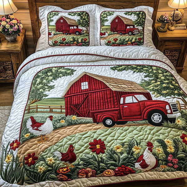 Farmhouse Hauler quilted 3-piece bedding set on a made bed in a farmhouse bedroom