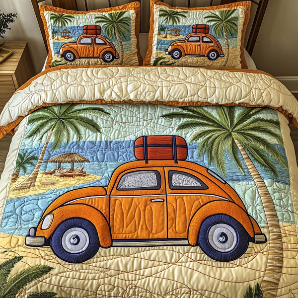 Beachside Journey quilted 3-piece bedding set on a made bed in a light coastal bedroom
