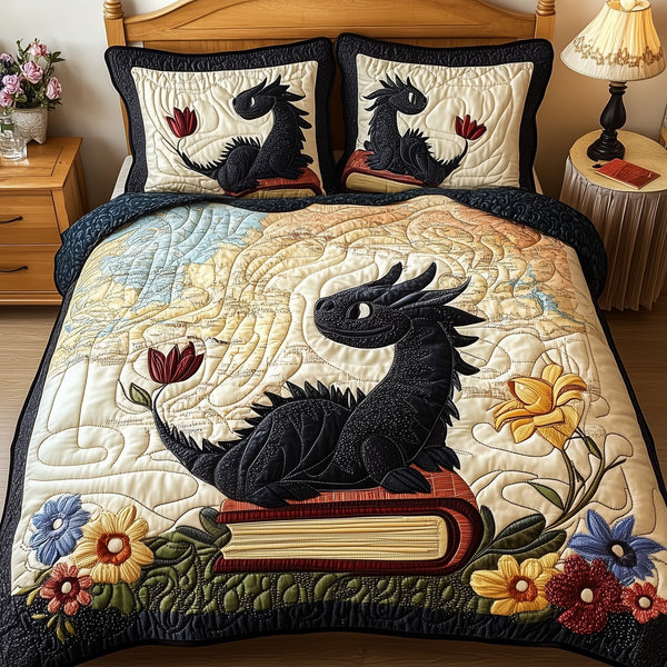 Ancient Wisdom Keeper quilted 3-piece bedding set on a made bed with two matching pillow shams