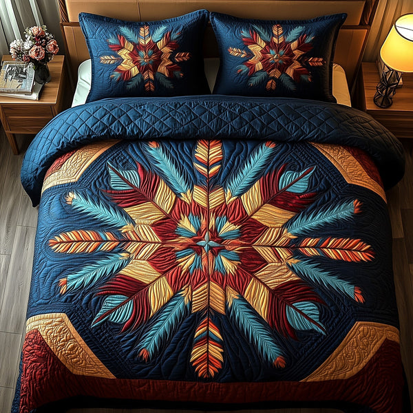 Echoes of the Tribe quilted 3-piece bedding set on a made bed with two matching pillow shams