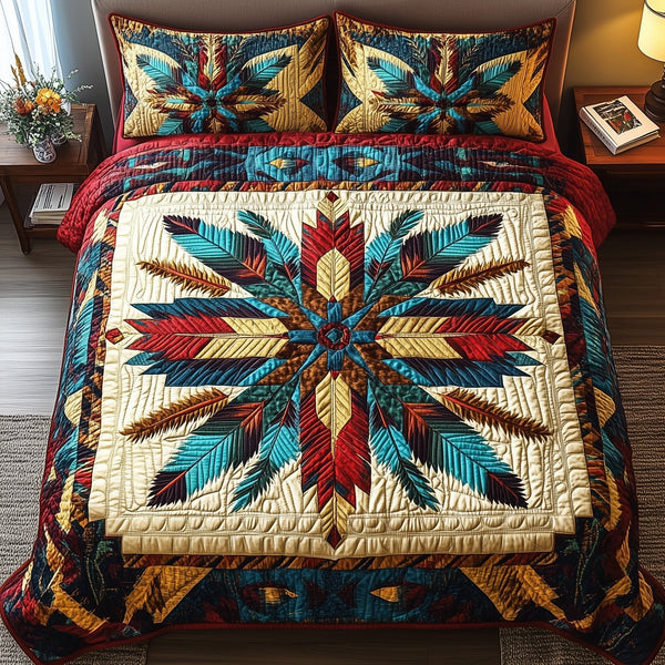 Ancient Symbols quilted 3-piece bedding set on a made bed with two matching pillow shams