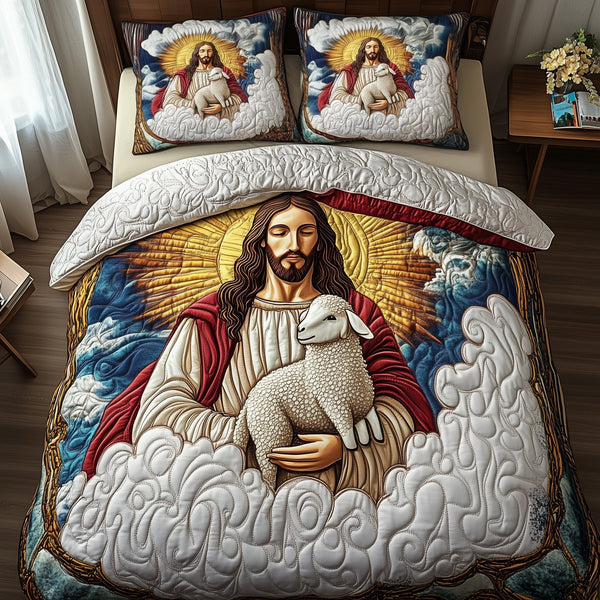 Divine Protection quilted 3-piece bedding set on a made bed in a softly lit bedroom