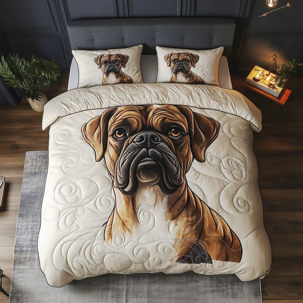 Boxer Dog quilted 3-piece bedding set on a made bed with two matching pillow shams
