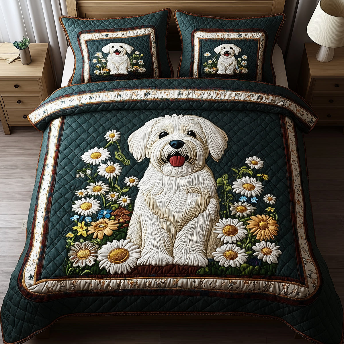 Daisy Maltese 3-Piece Quilted Bedding Set - Design 1 — quilt and two matching pillow shams