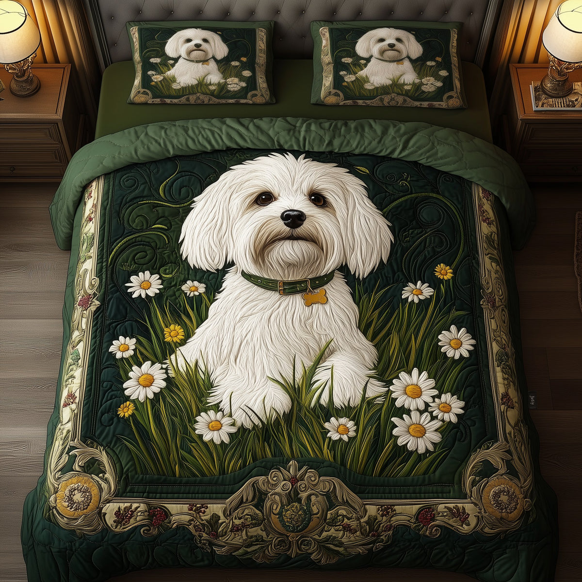 Daisy Maltese 3-Piece Quilted Bedding Set - Design 2 — quilt and two matching pillow shams