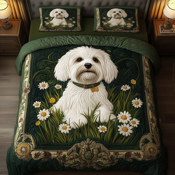 Daisy Maltese 3-Piece Quilted Bedding Set - Design 2 — quilt and two matching pillow shams