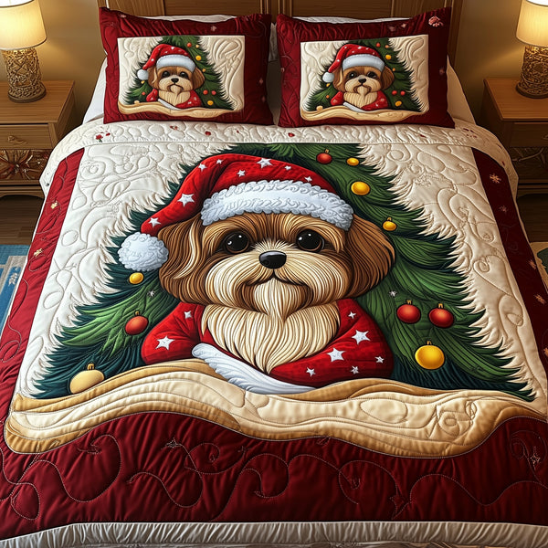 Christmas Shih Tzu quilted 3-piece bedding set on a made bed in a winter-styled bedroom
