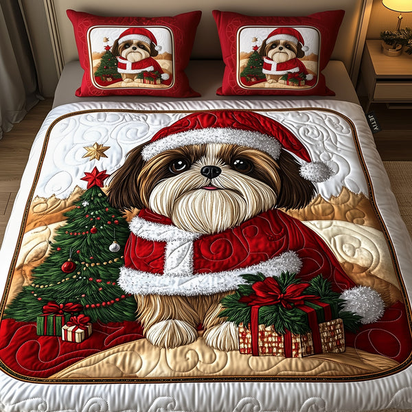 Christmas Shih Tzu quilted 3-piece bedding set on a made bed in a winter-styled bedroom
