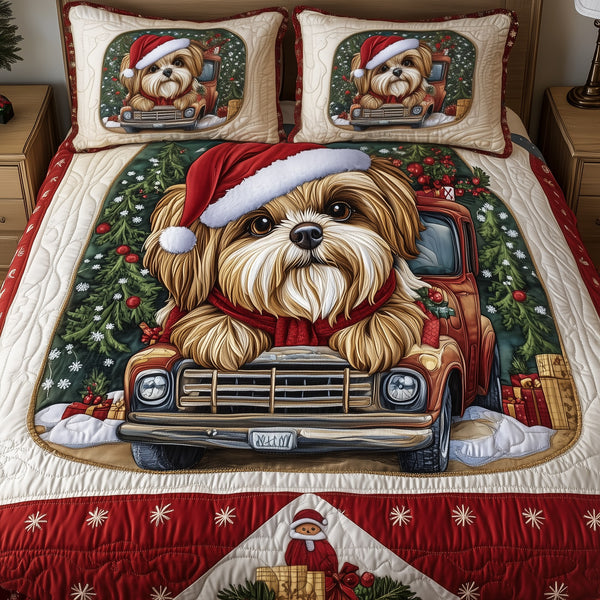 Christmas Shih Tzu quilted 3-piece bedding set on a made bed in a winter-styled bedroom