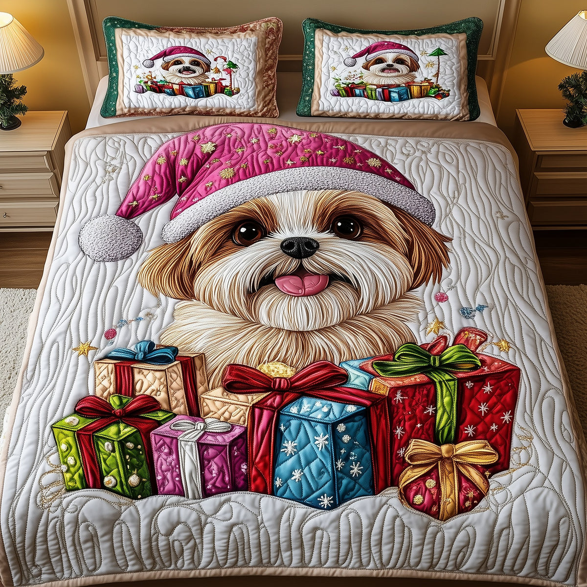 Christmas Shih Tzu 3-Piece Quilted Bedding Set - Design 4 — quilt and two matching pillow shams