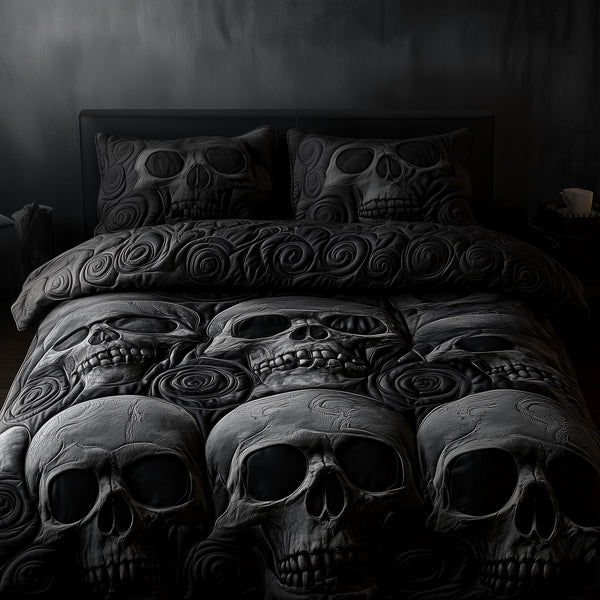Black Skull quilted 3-piece bedding set on a made bed against a dark styled interior