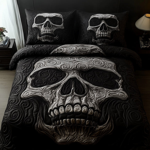 Black Skull quilted 3-piece bedding set on a made bed against a dark styled interior