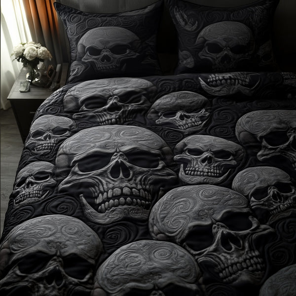 Black Skull quilted 3-piece bedding set on a made bed against a dark styled interior