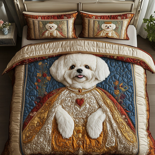 Bichon Frise King quilted 3-piece bedding set on a made bed with two matching pillow shams