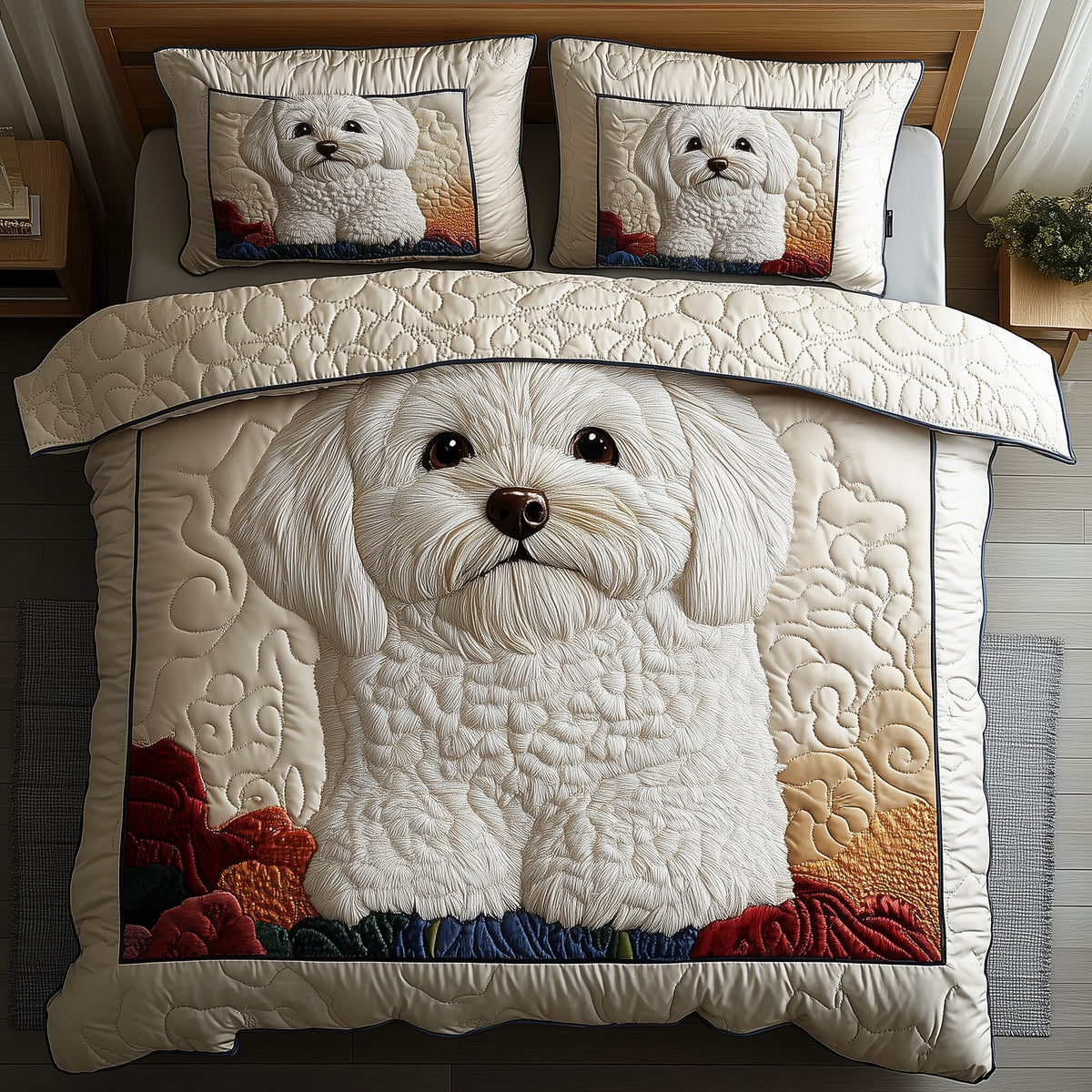 Adorable Bichon Frise 3-Piece Quilted Bedding Set - Design 1 — quilt and two matching pillow shams