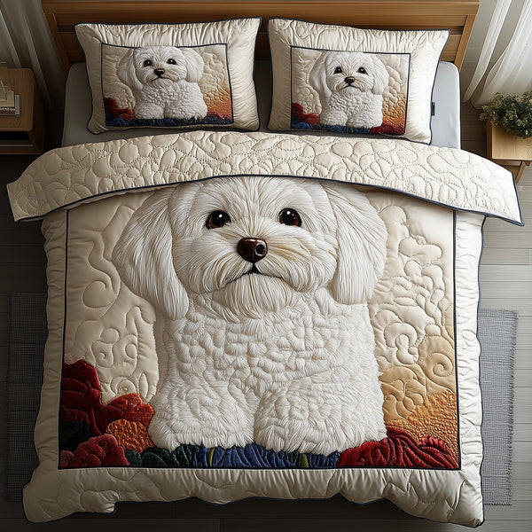 Adorable Bichon Frise 3-Piece Quilted Bedding Set - Design 1 — quilt and two matching pillow shams