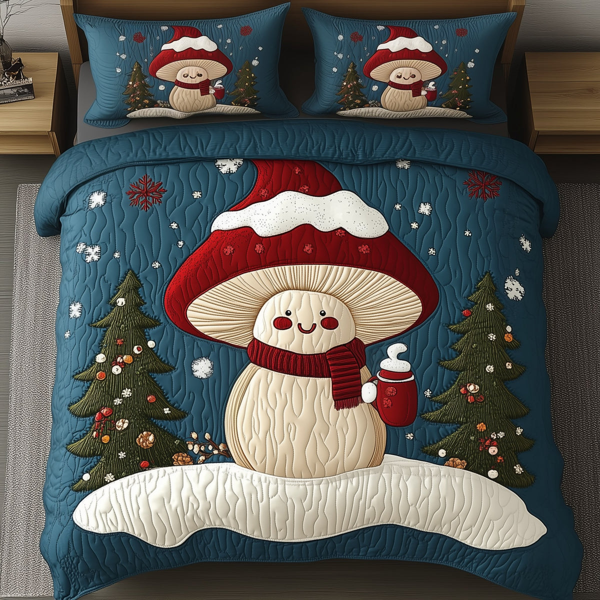 Christmas Mushroom 3-Piece Quilted Bedding Set — quilt and two matching pillow shams