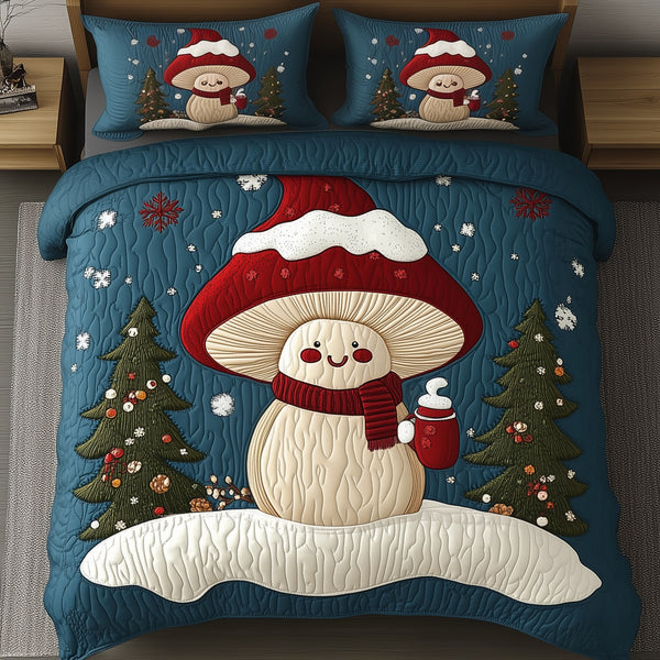 Christmas Mushroom quilted 3-piece bedding set on a made bed in a winter-styled bedroom
