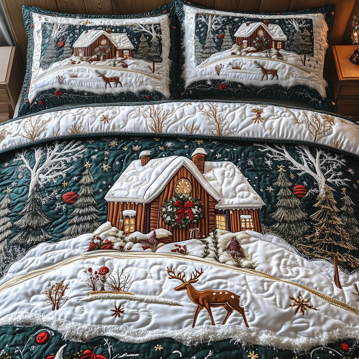 Enchanting Snow Cabin 3-Piece Quilted Bedding Set — quilt and two matching pillow shams