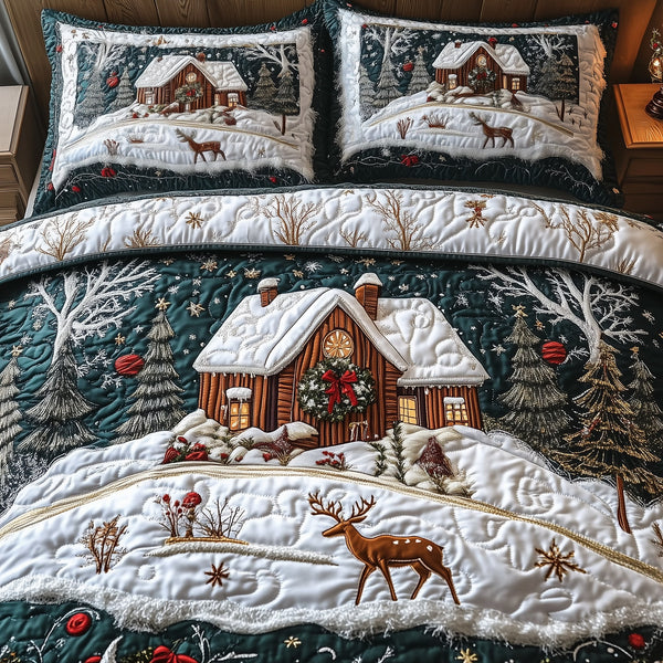 Enchanting Snow Cabin 3-Piece Quilted Bedding Set — quilt and two matching pillow shams