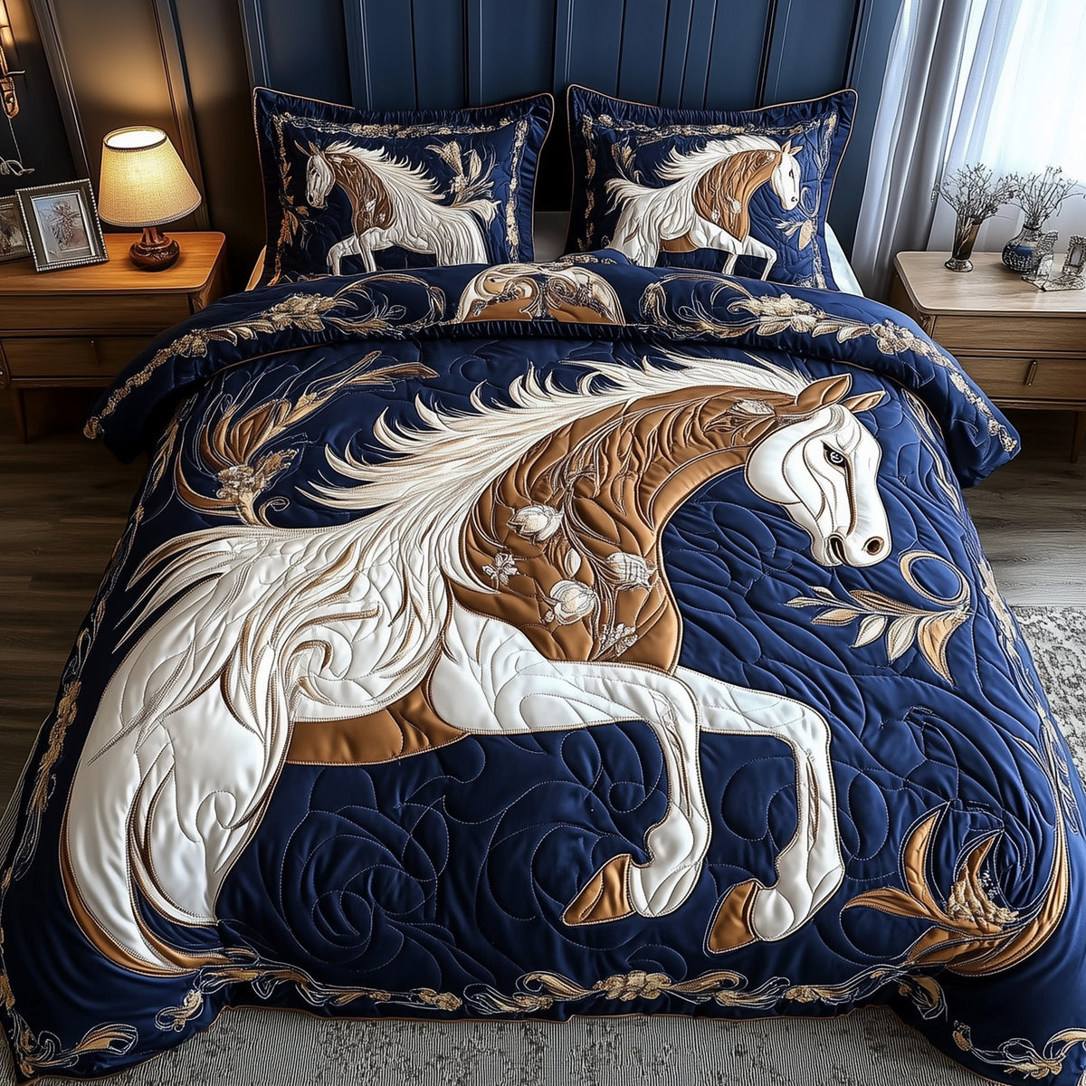 Elegant Horse 3-Piece Quilted Bedding Set - Design 1 — quilt and two matching pillow shams