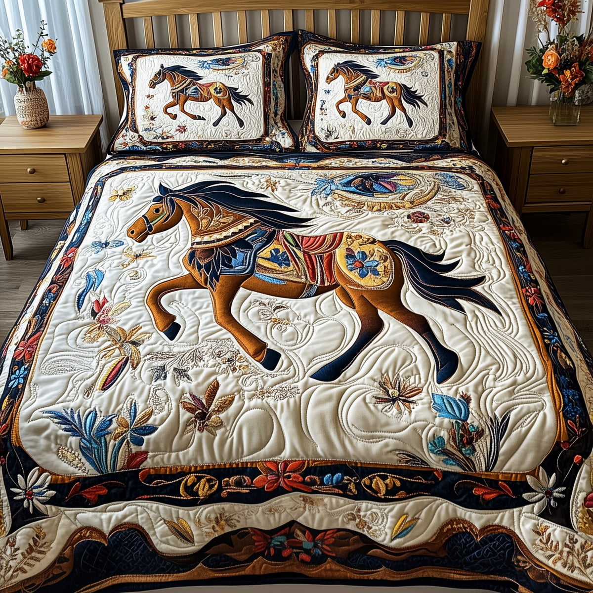 Elegant Horse 3-Piece Quilted Bedding Set - Design 3 — quilt and two matching pillow shams