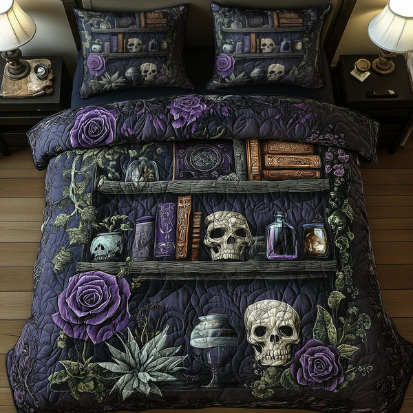 Bookshelf Of Death quilted 3-piece bedding set on a made bed with two matching pillow shams