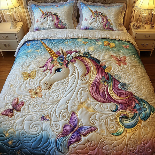 Dreamlight Unicorn quilted 3-piece bedding set on a made bed with two matching pillow shams