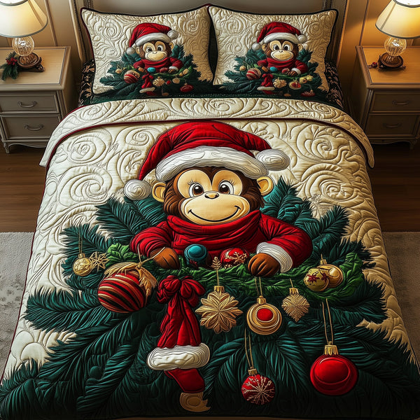 Christmas Joyful Monkey quilted 3-piece bedding set on a made bed in a winter-styled bedroom