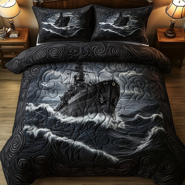 Battle Ship in the Storm quilted 3-piece bedding set on a made bed in a light coastal bedroom