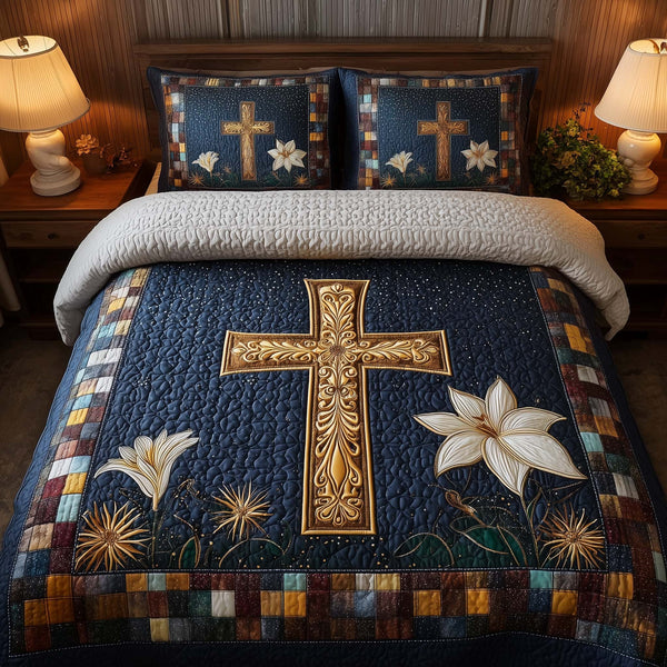 Cross quilted 3-piece bedding set on a made bed in a softly lit bedroom