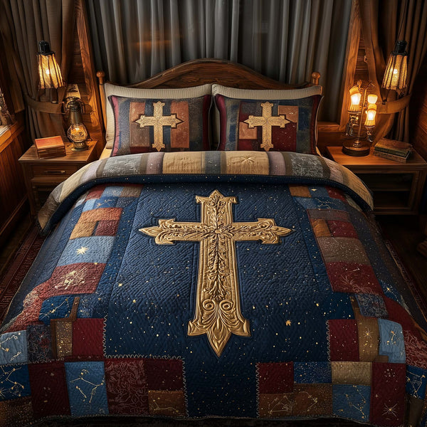 Cross quilted 3-piece bedding set on a made bed in a softly lit bedroom
