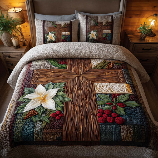 Cross 3-Piece Quilted Bedding Set - Design 3 — quilt and two matching pillow shams