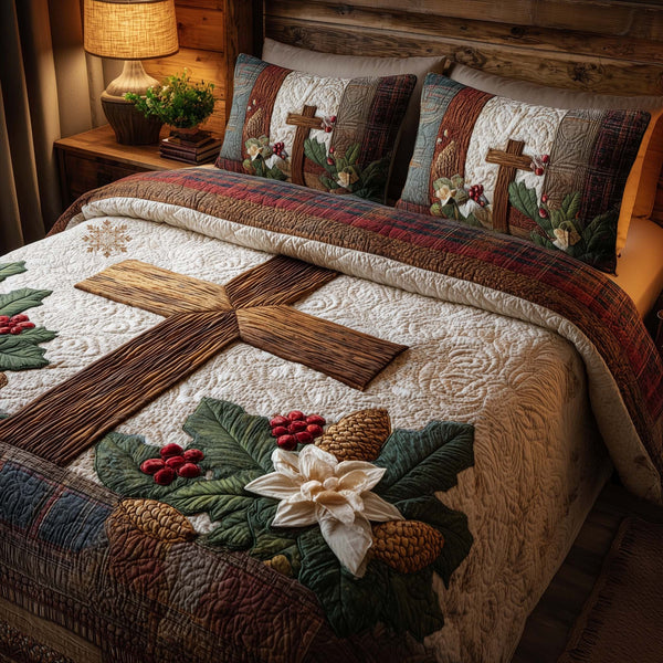 Cross quilted 3-piece bedding set on a made bed in a softly lit bedroom