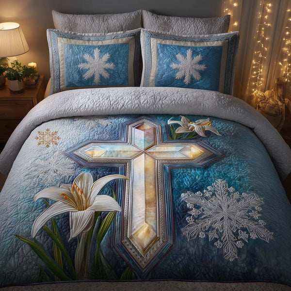 Cross quilted 3-piece bedding set on a made bed in a softly lit bedroom