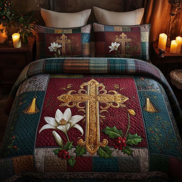 Cross 3-Piece Quilted Bedding Set - Design 7 — quilt and two matching pillow shams